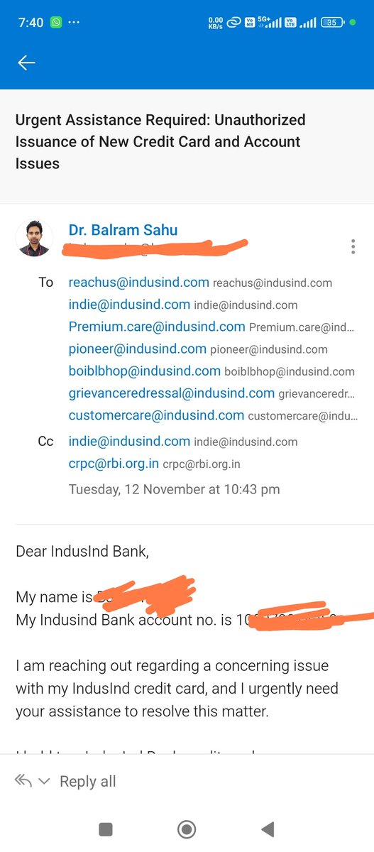 Balramsahu2's tweet photo. "@MyIndusIndBank Disappointed with your service. A credit card dispatched without consent &amp; with two different no..
No direct way to reach cust. care, &amp; no response to my email after 3 days. Your chargeable no. just seems like a revenue source.
Please resolve this ASAP! https://t.co/vAwVKQTBsb