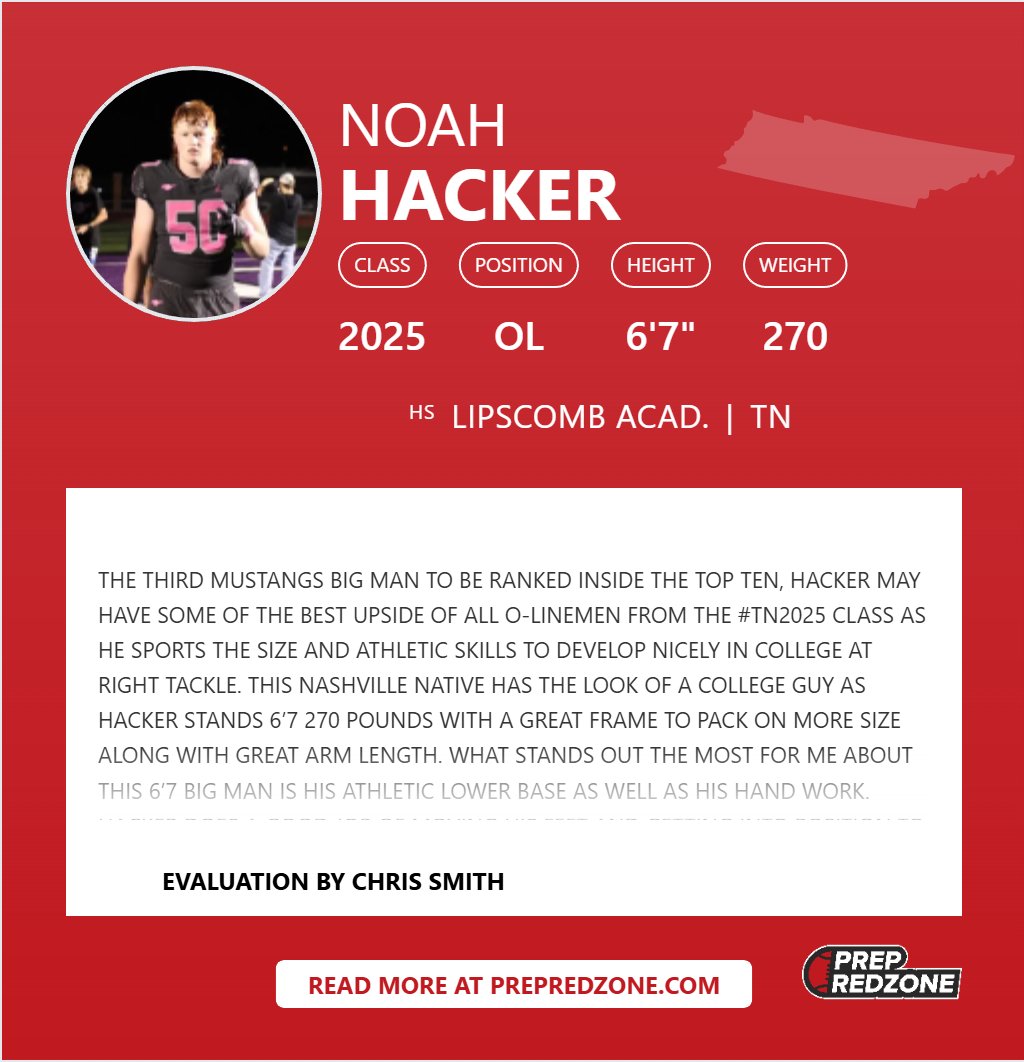 Chris Smith (@csmithscout) on Twitter photo Still Available ....#PRZTN
#TN2025 (OT/G) <a href="/NoahHacker16/">Noah Hacker</a> - Lipscomb Acad.
(Current Top 15 ranked O-lineman by <a href="/PrepRedzoneTN/">Prep Redzone Tennessee</a>)
Profile: prepredzone.com/player/noah-ha…
#Mustangs #MidTN25
#CSS #TNHSFB Still Available ....#PRZTN
#TN2025 (OT/G) <a href="/NoahHacker16/">Noah Hacker</a> - Lipscomb Acad.
(Current Top 15 ranked O-lineman by <a href="/PrepRedzoneTN/">Prep Redzone Tennessee</a>)
Profile: prepredzone.com/player/noah-ha…
#Mustangs #MidTN25
#CSS #TNHSFB