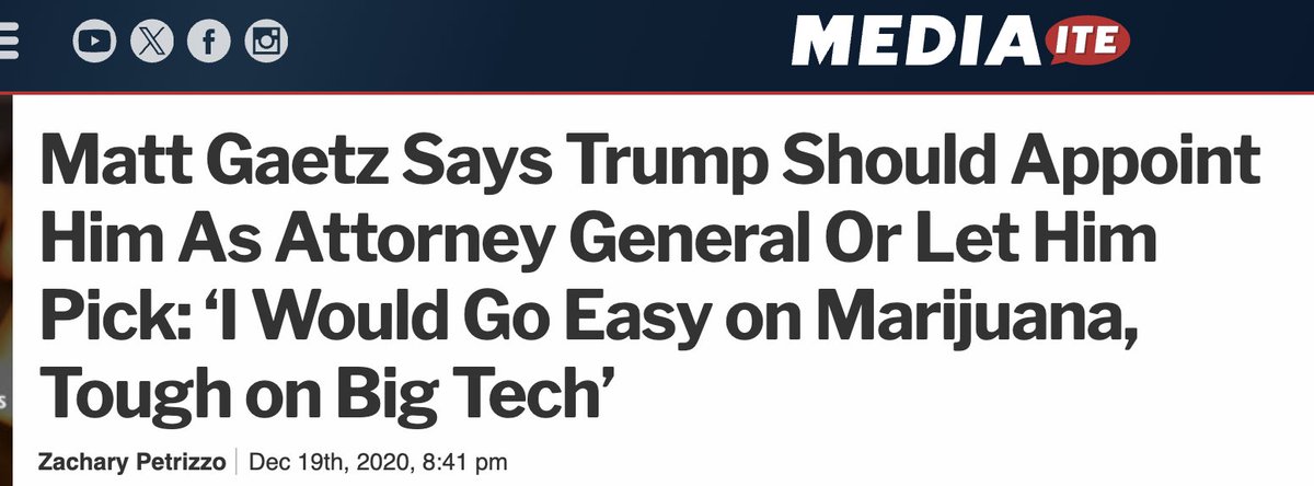 Gaetz actually suggested Trump should appoint him attorney general back in 2020, a few days before Bill Barr resigned: mediaite.com/news/matt-gaet…
