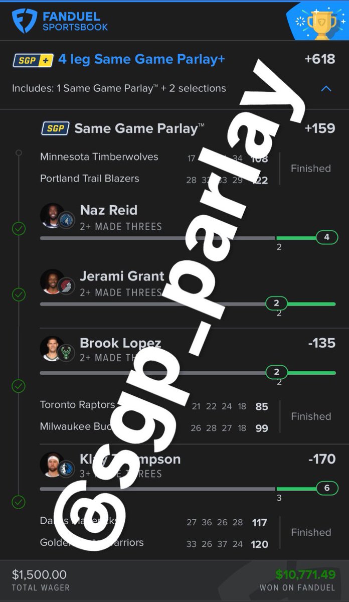 SGP_Parlay's tweet photo. Giving $100 to someone that Retweets &amp; Likes this post!

✅ 3 pointer parlay (+618)

✅ Naz Reid 2+ Threes
✅ Jerami Grant 2+ Threes
✅ Brook Lopez 2+ Threes
✅ Klay Thompson 3+ Threes

#Fanduel #GamblingX #GamblingCommunity #GamblingTwitter #PlayerProps #SGP #Parlay https://t.co/RkamDrn7nk