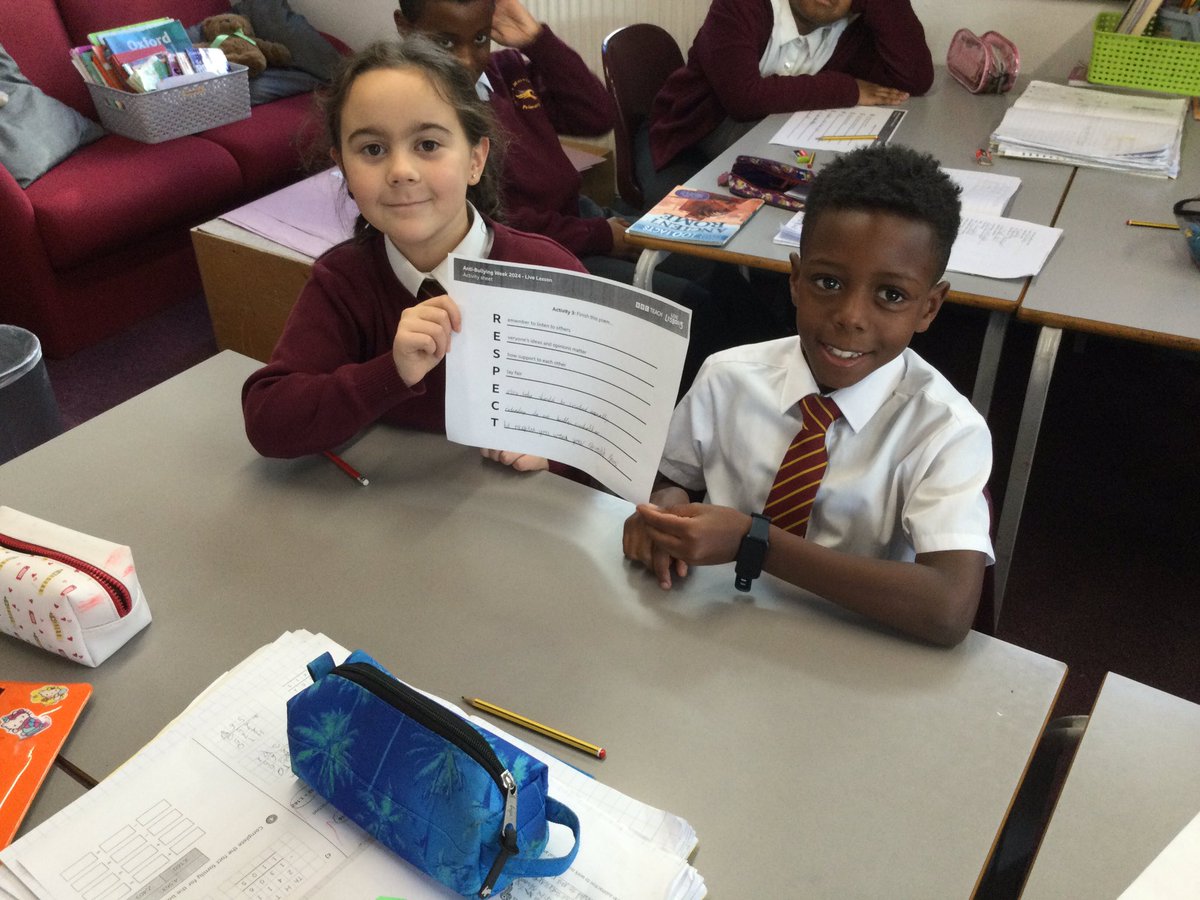 MissWardHMPS's tweet photo. To celebrate this year’s #AntiBullyingWeek2024 theme #ChooseRespect Year 4 Turtles enjoyed watching the #BBCLiveLessons. They made acrostic poems and discussed how to deal with conflict respectfully @HerbMorrPriSch https://t.co/MJucq3Htij