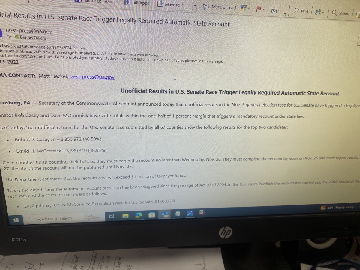 BREAKING: Automatic recount triggered in Casey-McCormick US Senate race per PA Dept of State moments ago. ⁦<a href="/abc27News/">abc27 News</a>⁩