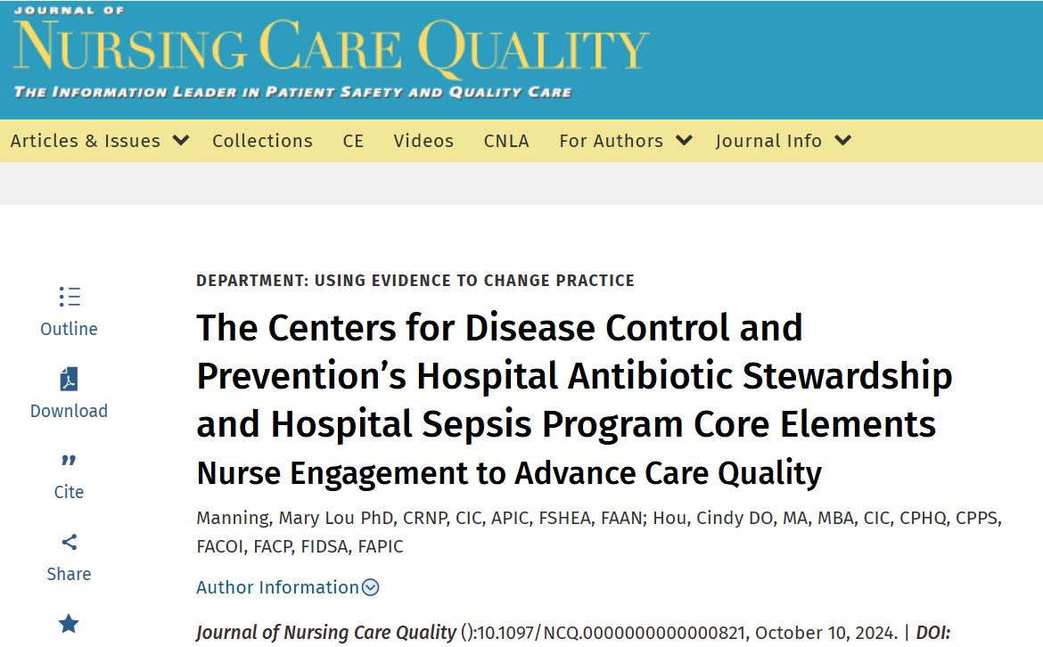 JNCQonline's tweet photo. #UsingEvidenceToChangePractice "The Centers for Disease Control and Prevention’s Hospital Antibiotic Stewardship and Hospital Sepsis Program Core Elements: Nurse Engagement to Advance Care Quality"

Hospital nurses should be well versed in Core Elements.

https://t.co/4D0texaEmd https://t.co/zHQFjNPdtj