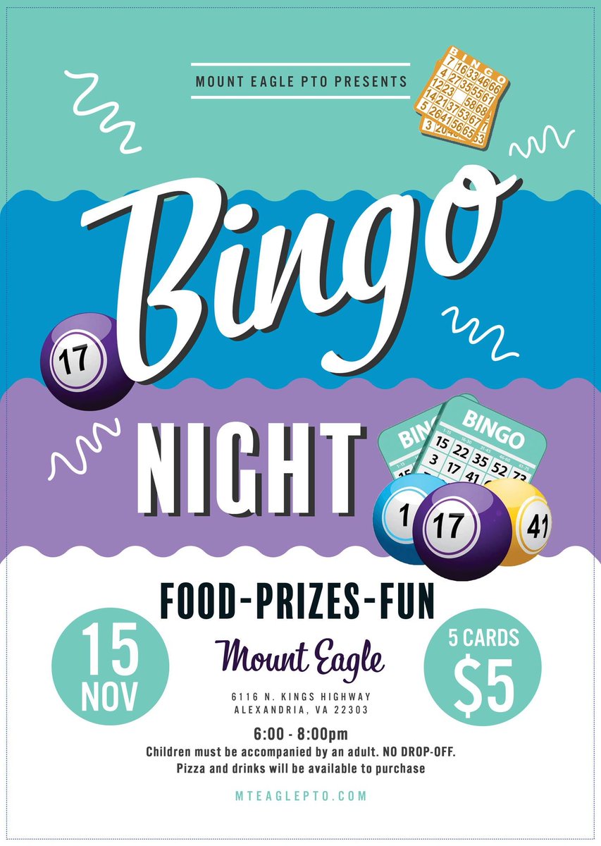 MountEaglePTO's tweet photo. Bingo Night Fundraiser on November 15th! 
6-8 PM. Children must be accompanied by an adult.

Doors will open at 6, NO-DROP-OFF. Pizza and Drinks will be available to purchase.

Come out and win some prizes, eat some pizza and have fun with your neighbors! https://t.co/RGO6r1tNss