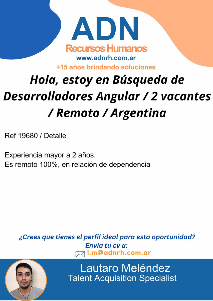 ADN Recursos Humanos - Búsqueda Laboral

adnrh.com.ar

#ADNrecursoshumanos #oportunidadlaboral #busquedalaboral #trabajo #recursoshumanos #buscotrabajo #empleo #oportunidadeslaborales #curriculum #reclutamiento #cv #busquedadetrabajo #Hiring #Argentina #Tecnologia