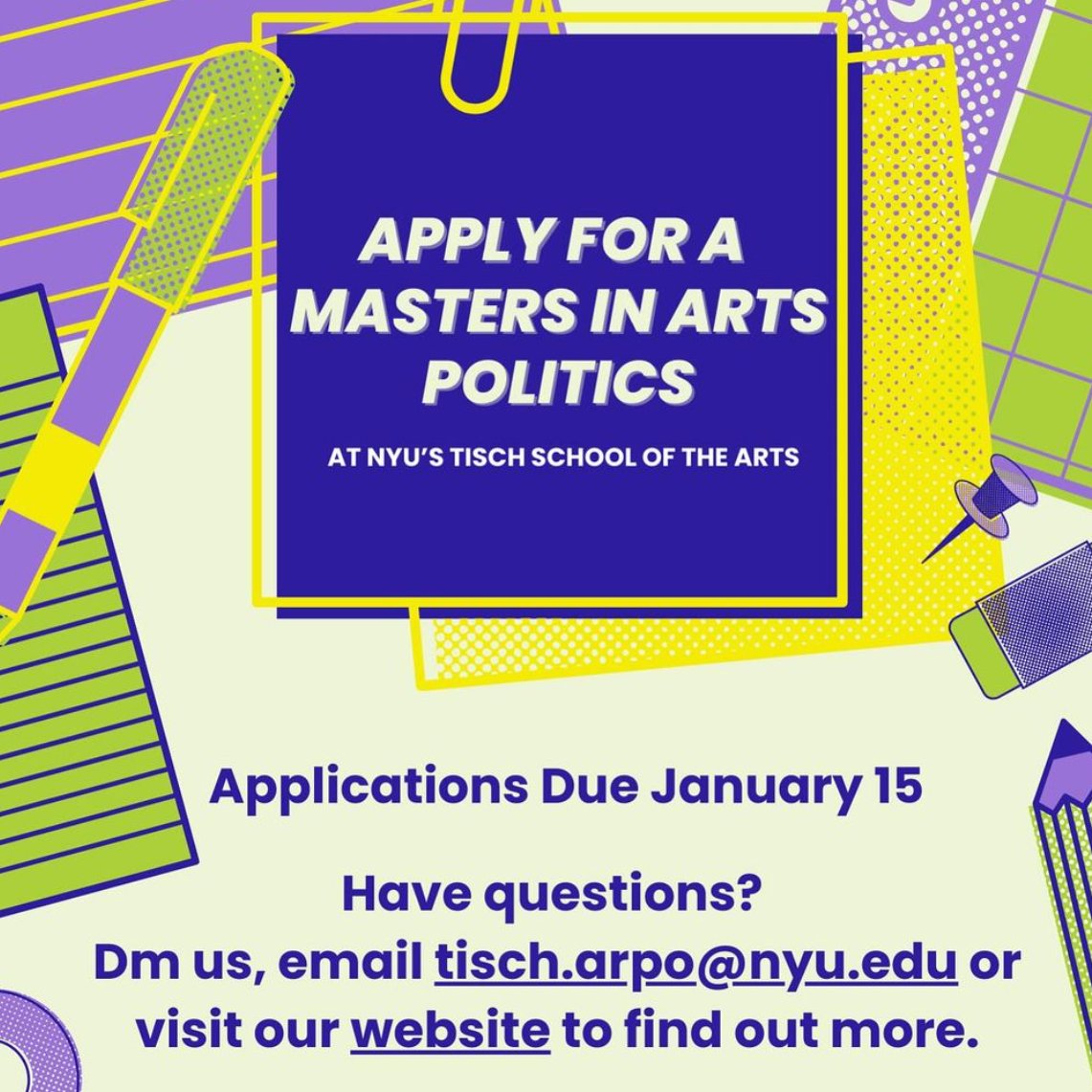 Applications for the MA in Arts Politics are due JANUARY 15th! Have questions? Dm us, email tisch.arpo@nyu.edu or visit our website to find out more. (Link in our bio!)
#nyc #nyu #masters #politics #artspolitics