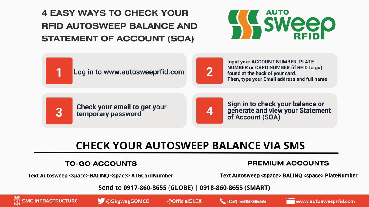 SkywaySOMCO's tweet photo. Have you checked your #RFID balance yet? Top-up your account with these 4 easy steps. #RFID #Autosweep #AutosweepRFID #SMCTollways https://t.co/dw20vcdEui