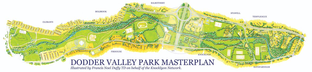 I worked with the Knocklyon Network, to develop a masterplan of their vision for the Dodder Valley Park. ​Today work is on going to finish the Greenway​, ​Brothers Pearse AC,​ soccer &amp; GAA pitches, the skate park is completed, along with wonderful bridges traversing the Dodder