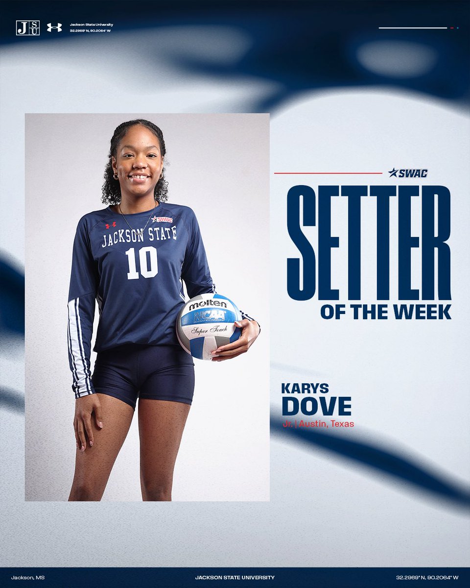 Jackson State Volleyball (@gojsutigersvb) on Twitter photo .<a href="/theswac/">Southwestern Athletic Conference</a> weekly honors X3🔥
SWAC Offensive Player of the Week, Alexis Williams
SWAC Defensive Player of the Week, Trinity Bryant
SWAC Setter of the Week, Karys Dove
#TheeILove | #GoJSUTigersVB🐅 .<a href="/theswac/">Southwestern Athletic Conference</a> weekly honors X3🔥
SWAC Offensive Player of the Week, Alexis Williams
SWAC Defensive Player of the Week, Trinity Bryant
SWAC Setter of the Week, Karys Dove
#TheeILove | #GoJSUTigersVB🐅