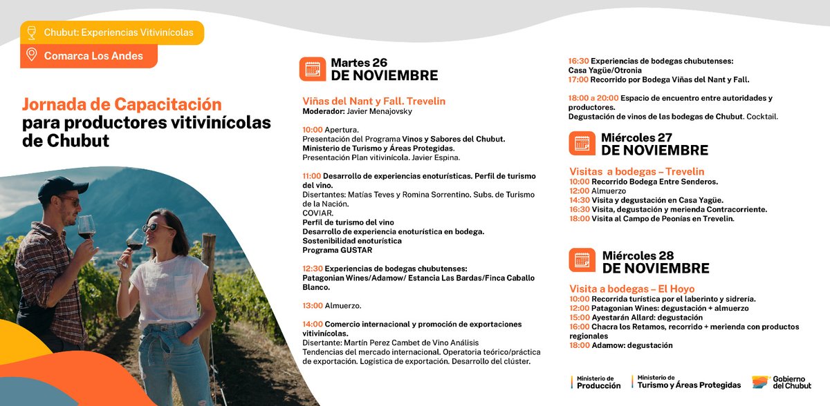 Juli1805A's tweet photo. 26 al 28 de Noviembre - Jornadas de Capacitación para productores vitivinícolas de CHUBUT
Participar las bodegas de Trevelin y El Hoyo

#chubut #patagonianwines #nantyfall #trevelin #elhoyo #enoturismo #viñedos #bodegas #patagonia  #experiencias #degustacion #espumosos https://t.co/nOljl0NMfS