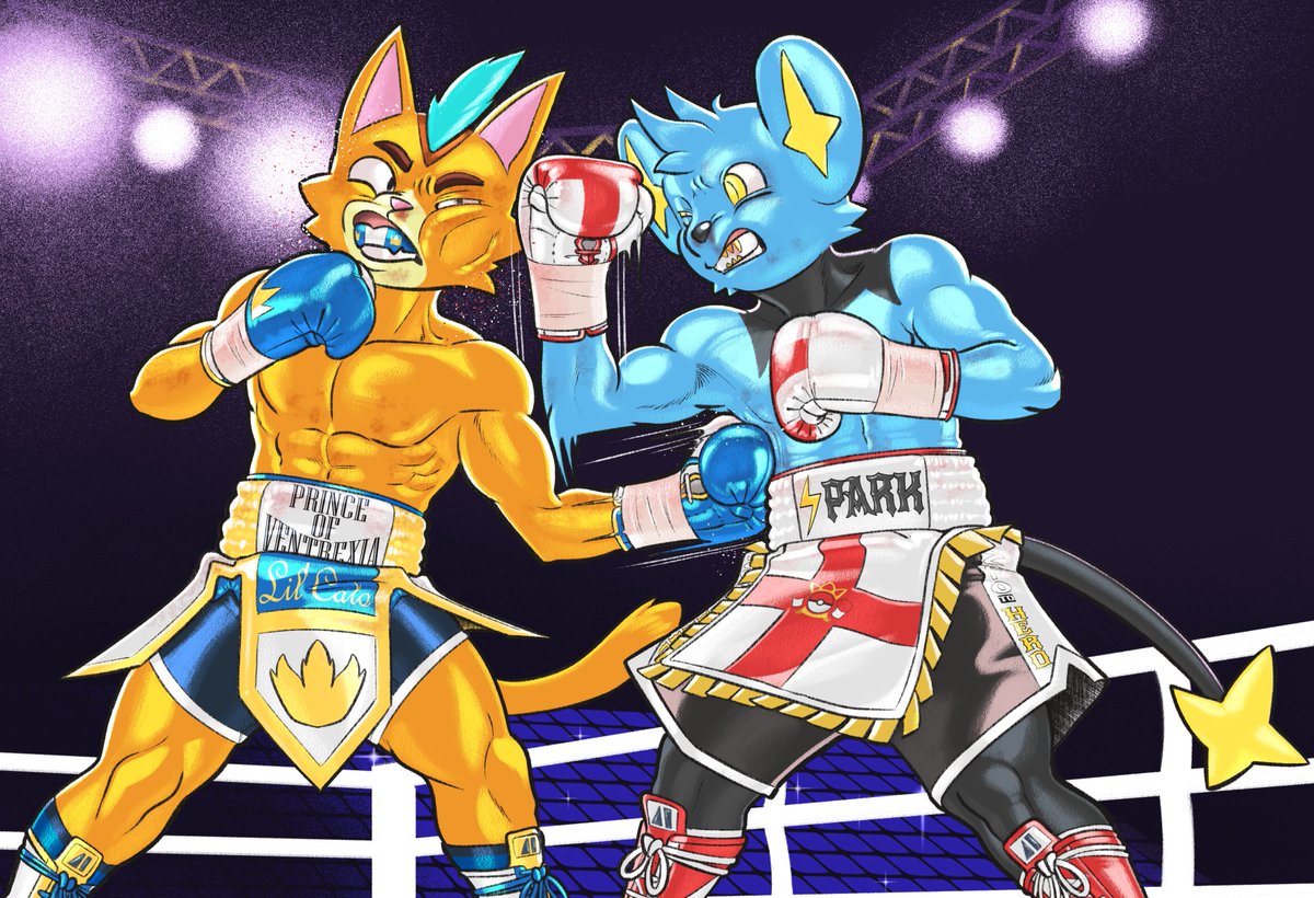 A colored comm for <a href="/ArtistViperish/">The Artist Mr.Viperish</a>  and <a href="/rellowcantdraw/">Rellow</a>  featuring their Spark facing off against Little Cato from Final Space, landing an uppercut as he receives a body shot.