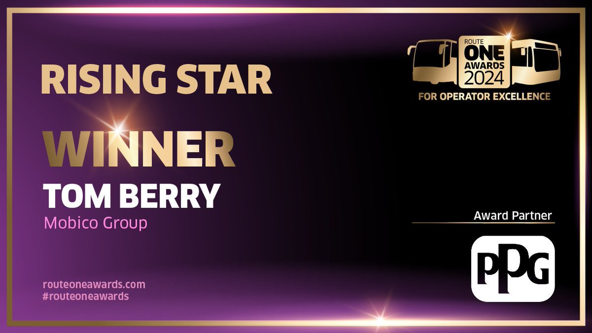 Congratulations to Tom Berry at Mobico Group! Winner of the Rising Star Award, partnered by <a href="/PPGRefinishUK/">PPG Refinish UK & IE</a>. #routeoneawards