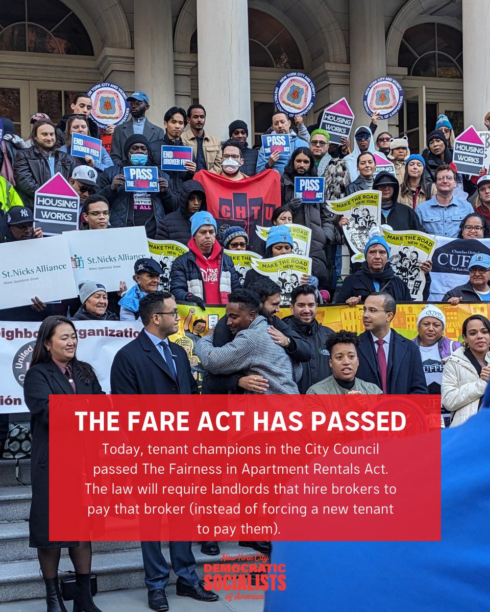 The FARE Act has passed! We’re excited to celebrate alongside allies and tenant champions. Today, tenant champions, led by Chi Ossé, in the City Council passed the law will require landlords that hire brokers to pay that broker (instead of forcing a new tenant to pay them).