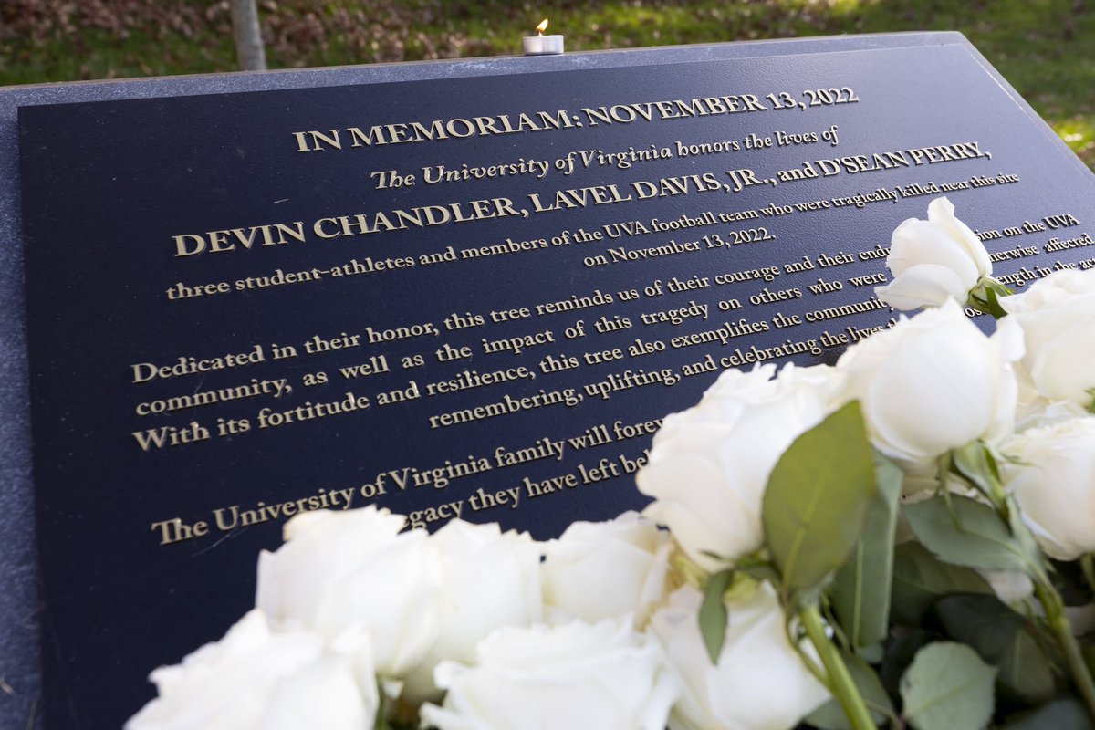 VirginiaSports's tweet photo. Our day of remembrance, reflection and honor for Devin Chandler, Lavel Davis Jr., and D’Sean Perry. 

#UVAStrong  1 15 41 🕊️ https://t.co/au3YIywzhe