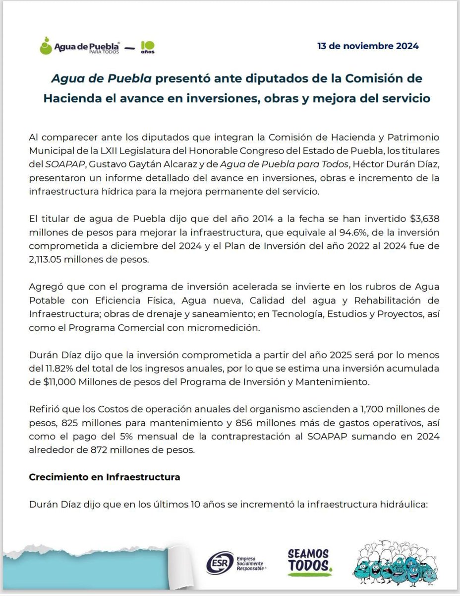 laredcincoradio's tweet photo. 🚰💧|| @AguadePuebla presentó el informe sobre el avance en inversiones y mejoras en infraestructura hidráulica. Se han invertido $3,638 mdp para mejorar el servicio, con un aumento en pozos, potabilizadoras y más. #AguaDePuebla #InfraestructuraHidráulica https://t.co/zXYvNzZSB4