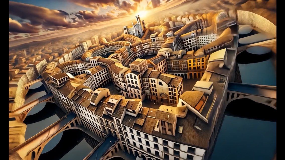 Möbius City at Sunset
youtube.com/shorts/xwhAB5l…

#art #draw  #drawing #RunwayGen3 #runway #runwayml #pencildrawing #aiart #escher #surreal #impossible #fpv