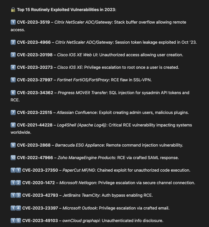 MostExploited's tweet image. 🚨 #CISA released advisory on 2023 #Top #Routinely #Exploited Vulnerabilities.
These are frequently targeted by attackers, leading to critical #breaches. Here are the top 15 vulnerabilities to secure against: 
cisa.gov/news-events/cy…
#Vulnerabilities