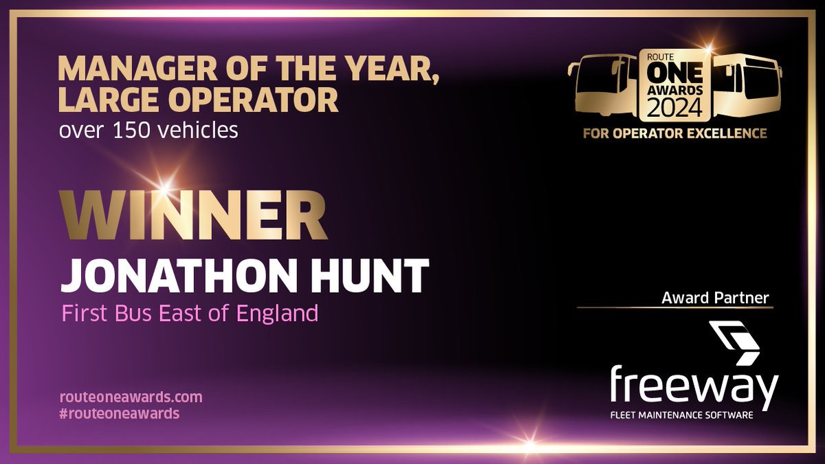 routeoneteam's tweet photo. Congratulations to Jonathon Hunt at @FirstEssex! Winner of the Manager of the Year, large operator (over 150 vehicles) Award, partnered by @FreewayFleet. #routeoneawards https://t.co/iM5z4SeO2f