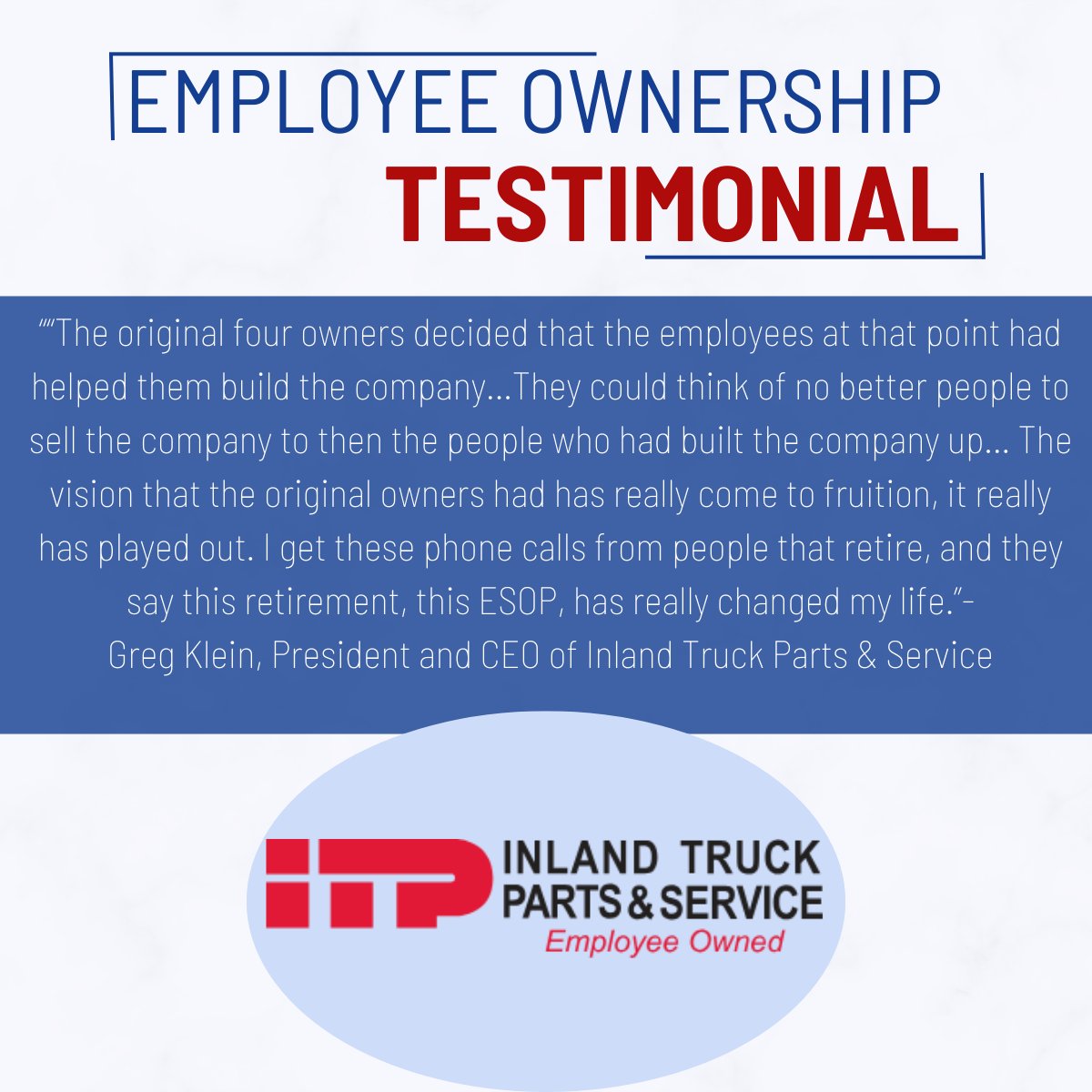 Greg Klein, CEO of ESCA Board Member company Inland Truck Parts &amp; Service, shares why the company’s founders chose to become an S ESOP. Employee ownership has the power to transform employees’ lives and give them the retirement they deserve. #SESOP #employeeownership
