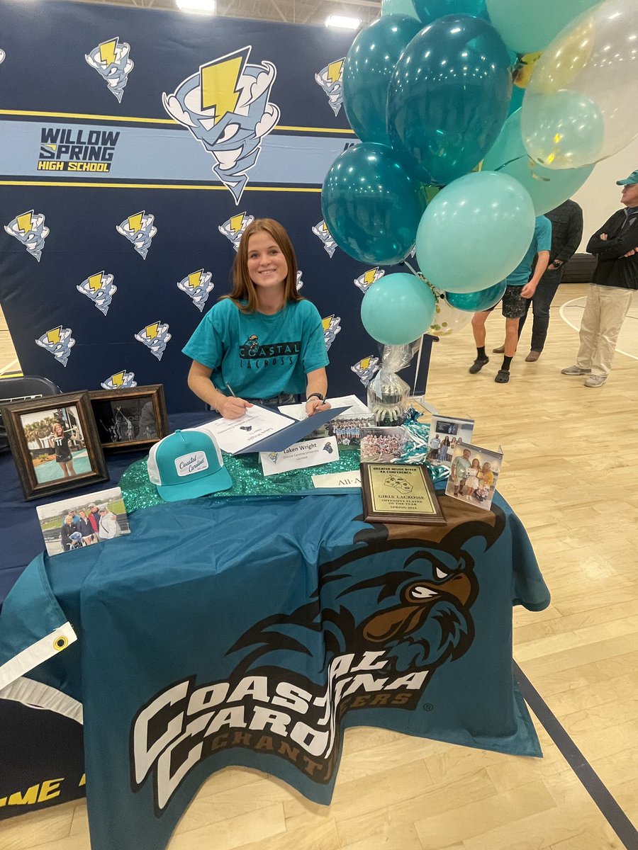 WS_Storm_WLax's tweet photo. And just like that she has signed! Crazy how fast 4 years go and how much impact one young athlete can make on a program! @lakenwrightt you are destined to do amazing things and we’re beyond proud of you. @CoastalWLax is lucky to have you next year! #FirstNeverFollows #STORM ⚡️ https://t.co/xRXphE2UYZ