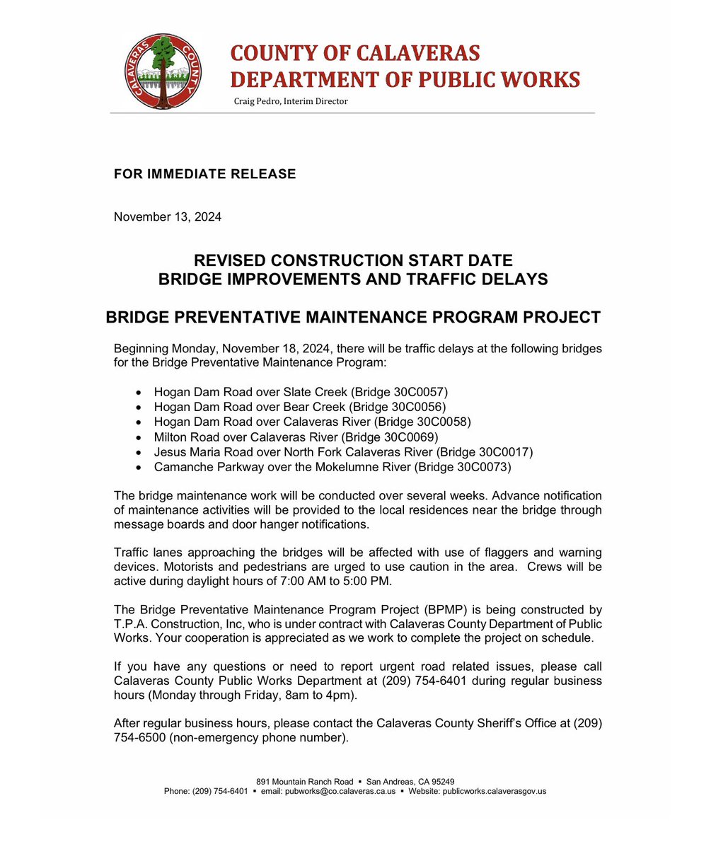 CalaverasPW's tweet photo. Please note revised construction start date for the Bridge Preventative Maintenance Program Project in #CalaverasCounty. https://t.co/riC4P5MlYJ