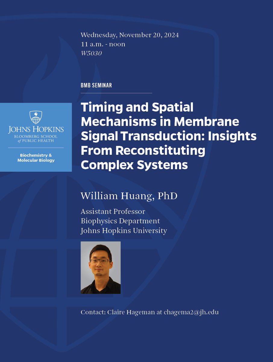 Next week’s BMB seminar features a presentation by William Huang, Assistant Professor, Biophysics Department, Johns Hopkins University:
🗓️Wednesday November 20
🕚11 a.m.
📍W5030