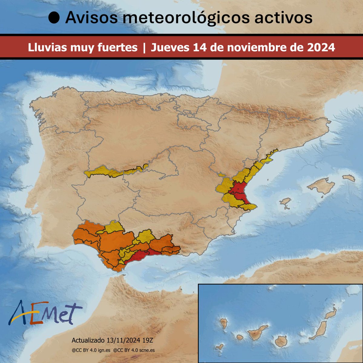 🔴 Persiste el aviso rojo (peligro extremo) en Málaga hasta las 8:00 del jueves. En la provincia de Valencia, hasta las 12:00.

🟠 Avisos naranjas (peligro importante) en amplias zonas del sur y oeste de Andalucía. Las lluvias serán muy fuertes y persistentes.