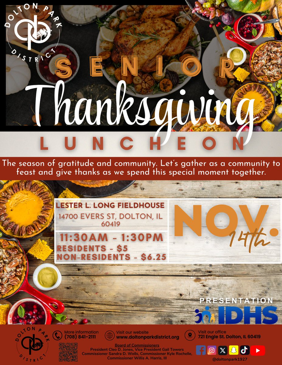 We look forward to seeing all of you for our annual Senior Thanksgiving Luncheon tomorrow at the Lester L. Long Fieldhouse from 11:30am - 1:30 pm. Bring a friend and join us as we give thanks this season.