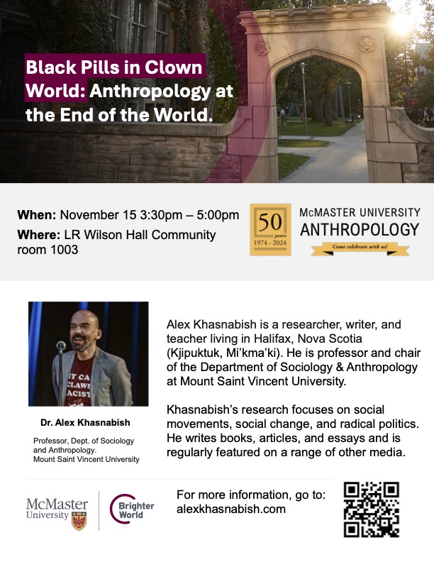 McMaster Anthropology (@anthromac) on Twitter photo 📢Speaker Series! 📷
Join us Friday, Nov. 15 from 3:30-5:00 PM for Dr. Alex Khasnabish's upcoming presentation. Full schedule available here: tinyurl.com/4te9rd4a
<a href="/McMasterU/">McMaster University</a>
<a href="/McMasterSocSci/">McMaster Social Sciences</a> 📢Speaker Series! 📷
Join us Friday, Nov. 15 from 3:30-5:00 PM for Dr. Alex Khasnabish's upcoming presentation. Full schedule available here: tinyurl.com/4te9rd4a
<a href="/McMasterU/">McMaster University</a>
<a href="/McMasterSocSci/">McMaster Social Sciences</a>