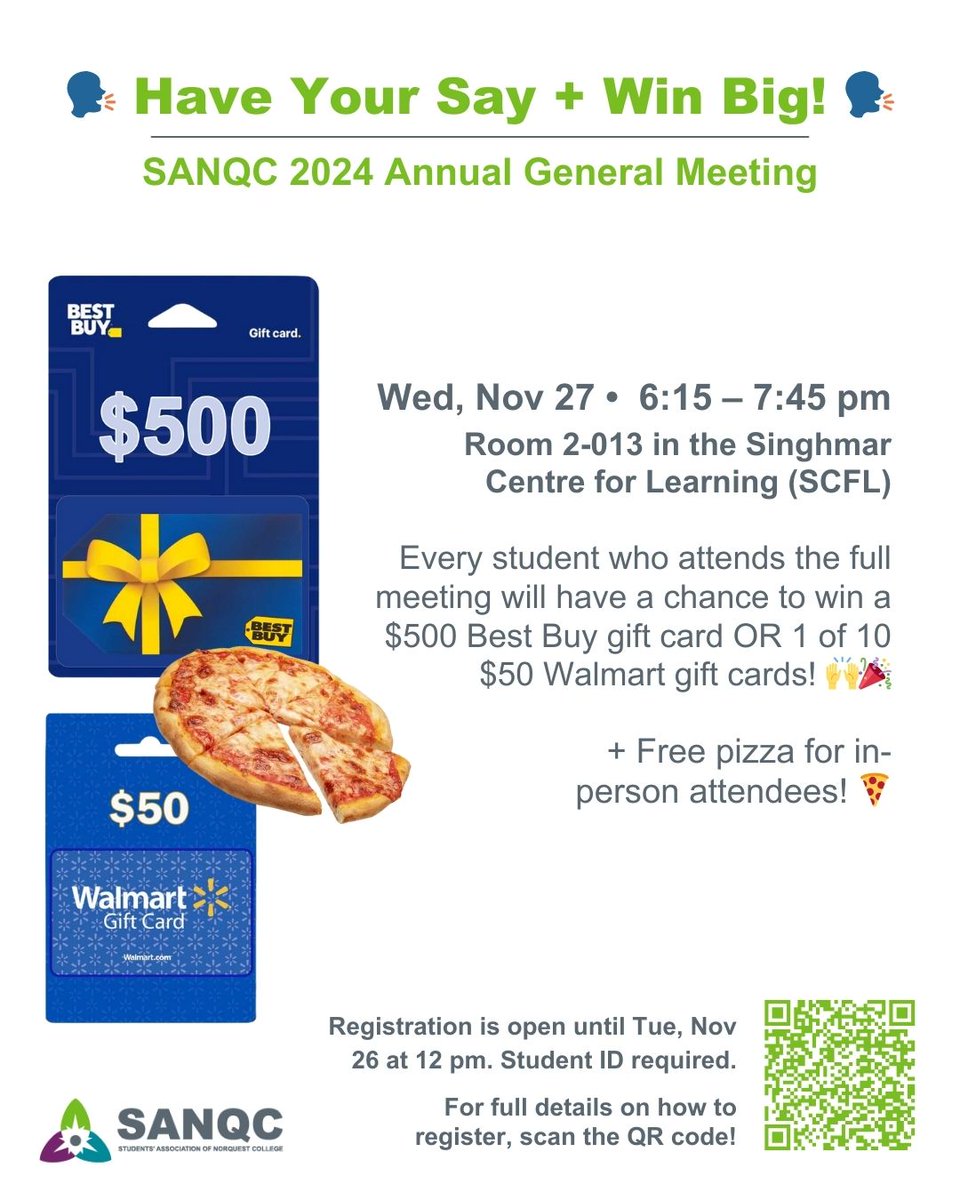 Your Students’ Association cares about your student experience and wants to hear your voice! 💬✨ Join us at our Annual General Meeting on Nov 27 at 6:15 – 7:45 pm for a chance to make an impact, meet your Students’ Council team, and win amazing prizes! 💸🎉🍕