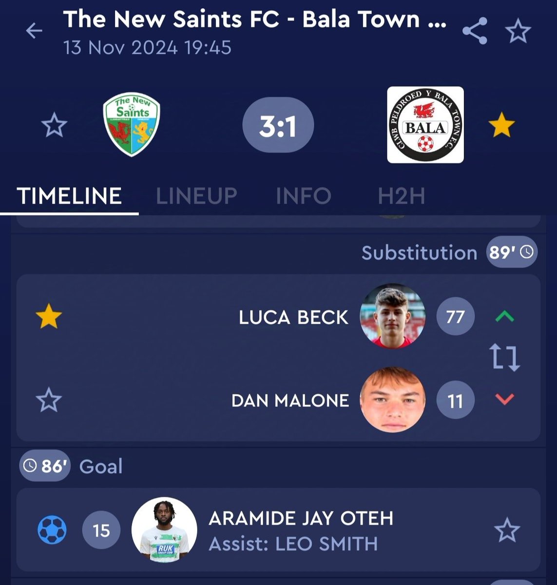 Nice to see Luca getting his 1st team debut for Bala tonight against TNS, at 16 years old it's a great achievement to get game time in a strong squad. #faw #football