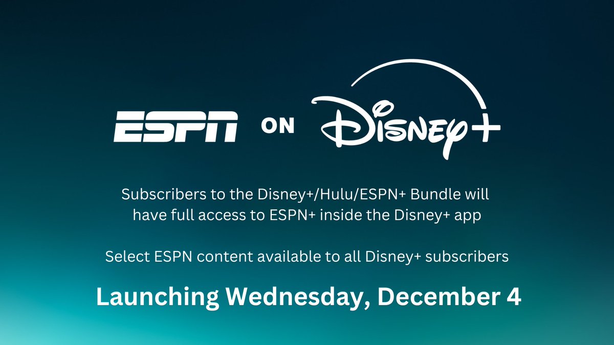 ESPN on <a href="/DisneyPlus/">Disney+</a>

The next step in ESPN's direct-to-consumer future launches Wednesday, December 4

Ahead of ESPN's flagship standalone direct-to-consumer offering launching early Fall 2025