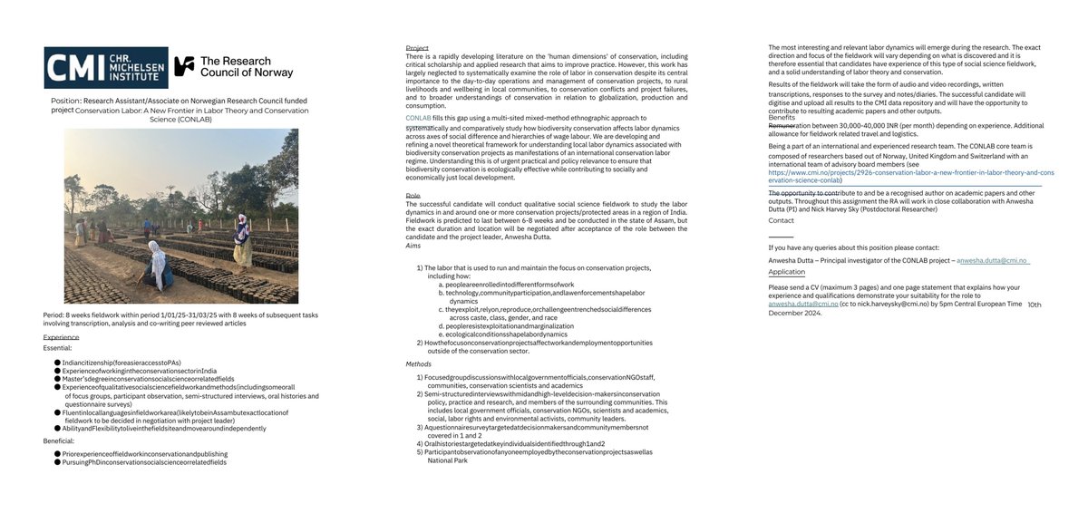 Hiring Research Associate based in India to work on Norwegian Research council project on Conservation Labour. They will directly work with me &amp; @NickCHarvey,be part of international research team with <a href="/GeoFrancisMasse/">Francis Masse</a> <a href="/Anthropogo/">Amber Huff</a> <a href="/jevgeniy_b/">Jevgeniy Bluwstein</a> Apply/circulate