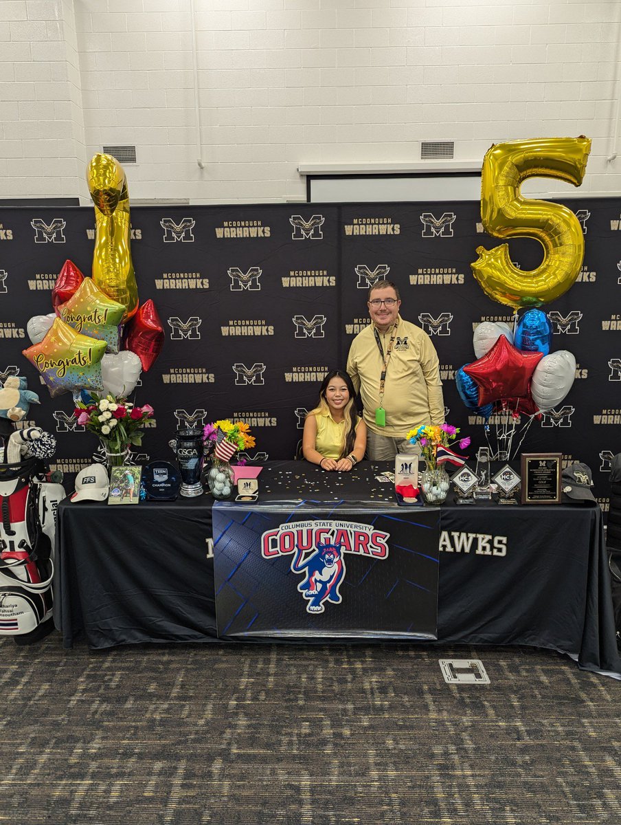 Congratulations to Nathariya Phimsoutham on signing her LOI to play golf at the next level at <a href="/CSUCougarsWGolf/">CSUCougarsWGolf</a>. So proud of you and can’t wait to see you succeed! <a href="/McDonoughHS_AD/">McDonough High Athletics</a> <a href="/PrincipalBGame/">Monica Blasingame</a> <a href="/AthleticsHenry/">Henry County Schools Athletics</a> <a href="/TheHenryHerald/">The Henry Herald</a> <a href="/MHS_WarHawks/">McDonough High School</a>