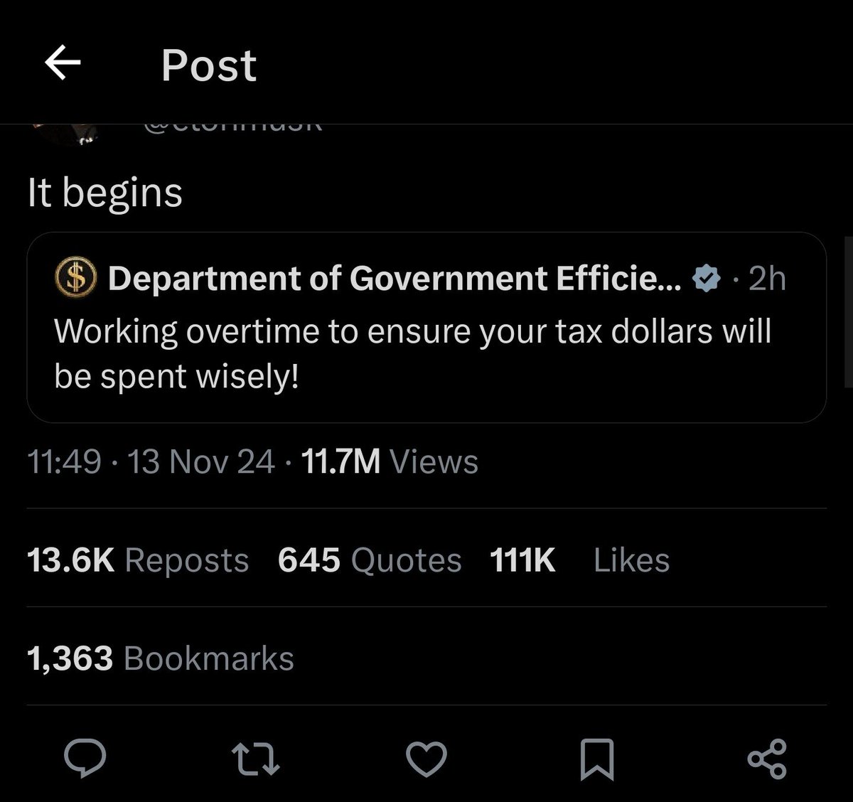 Elon has just shown that these check marks are totally worthless. Unless Joe Biden created this department, it isn't an official government account, so X (and Elon) are lying to you (shocking, I know) about this being a government post.