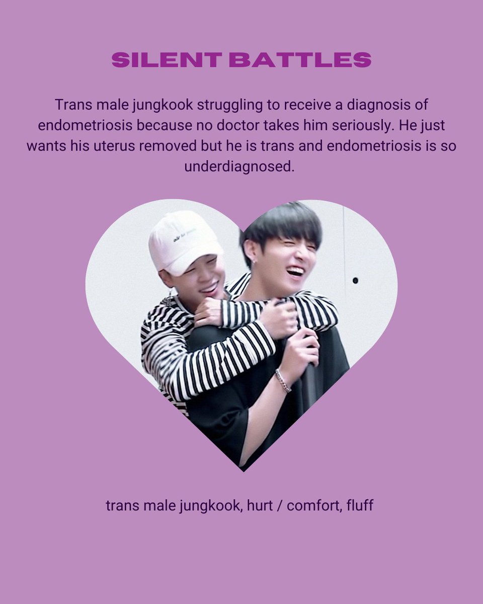 BTSDisability's tweet photo. Silent Battles  
Jikook
trans male jungkook, hurt / comfort, fluff  

FTM JK is  struggling to receive a diagnosis of endometriosis as no doctor believes him. He just wants his uterus removed but he is trans and endometriosis is underdiagnosed

https://t.co/vcjfrhPVEC *correct https://t.co/45J5PylXxk