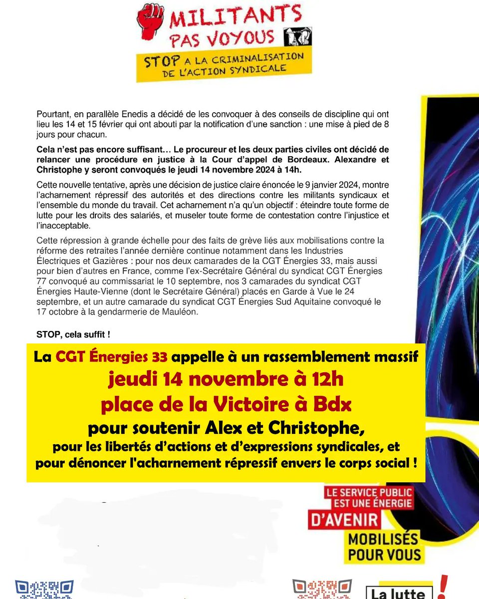 Fsugironde's tweet photo. 📣Rassemblement de soutien jeudi 14/11 à 12h à Bdx Victoire pour stopper la répression syndicale contre la CGT Énergies 33 avec qui nous avons tant manifesté pour nos retraites !

➡️Le droit de grève et les libertés syndicales, d'expression et de manifestation ne se négocient pas https://t.co/Wjp3Jg2Mgt