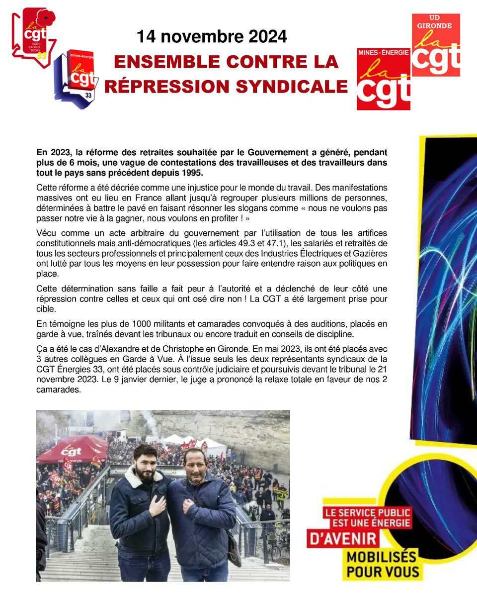 Fsugironde's tweet photo. 📣Rassemblement de soutien jeudi 14/11 à 12h à Bdx Victoire pour stopper la répression syndicale contre la CGT Énergies 33 avec qui nous avons tant manifesté pour nos retraites !

➡️Le droit de grève et les libertés syndicales, d'expression et de manifestation ne se négocient pas https://t.co/Wjp3Jg2Mgt