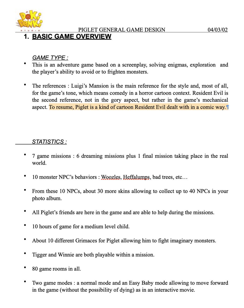 Pascal STRADELLA (@stradell) on Twitter photo From the development Game Design Draft of Piglet's Big Game: 
- "Piglet is a kind of cartoon Resident Evil dealt with in a comic way"
- "Luigi’s Mansion is the main reference for the style and, most of all, for the game’s tone, which means comedy in a horror cartoon context." From the development Game Design Draft of Piglet's Big Game: 
- "Piglet is a kind of cartoon Resident Evil dealt with in a comic way"
- "Luigi’s Mansion is the main reference for the style and, most of all, for the game’s tone, which means comedy in a horror cartoon context."