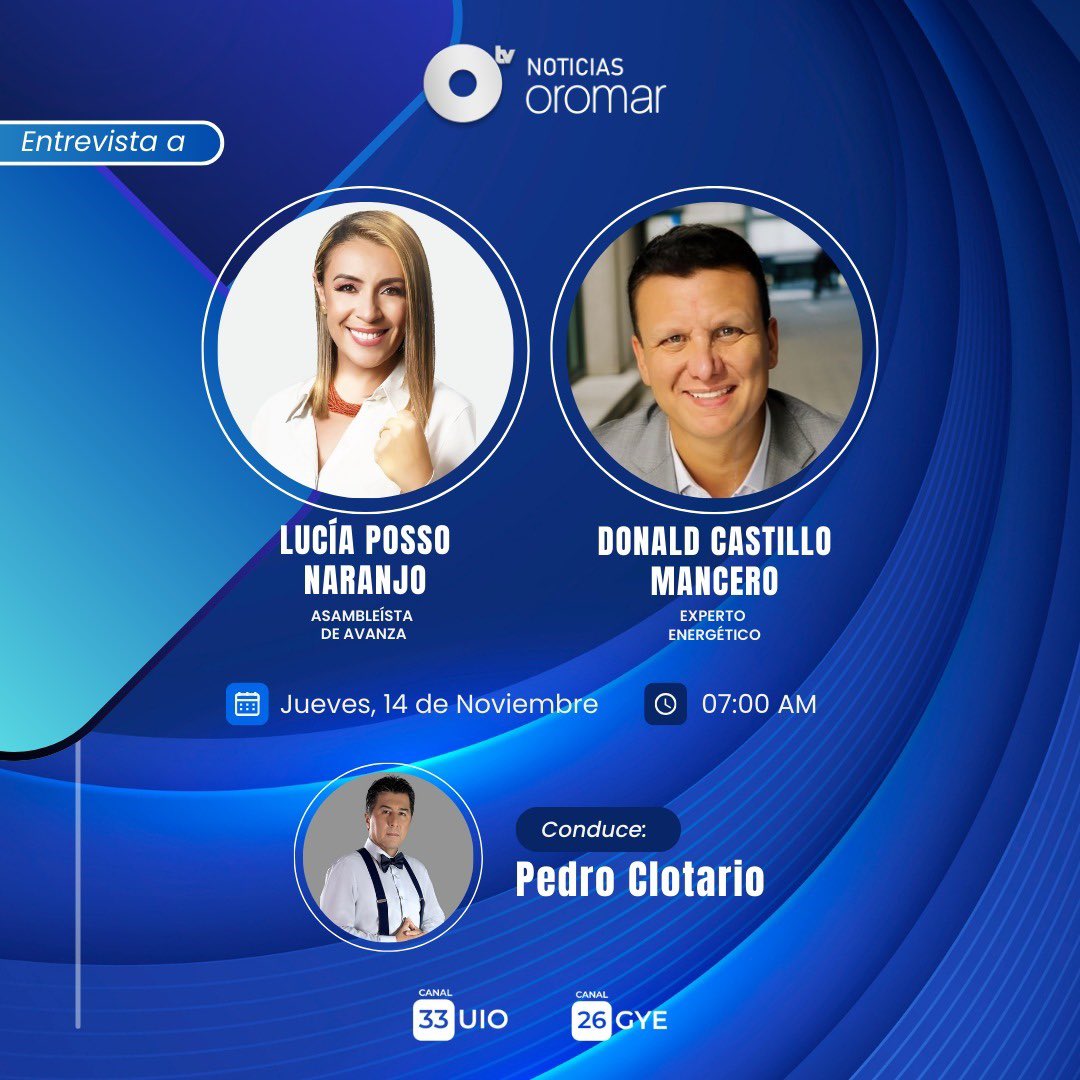 Agenda de #NoticiasOromar | Jueves 14 de noviembre, 07h00 nos acompañan: <a href="/luciaposso/">Lucia Posso Naranjo</a> para analizar el caso de la vicepresidenta Verónica Abad y <a href="/donaldcastillom/">Donald Castillo</a> para hablar sobre la crisis energética.