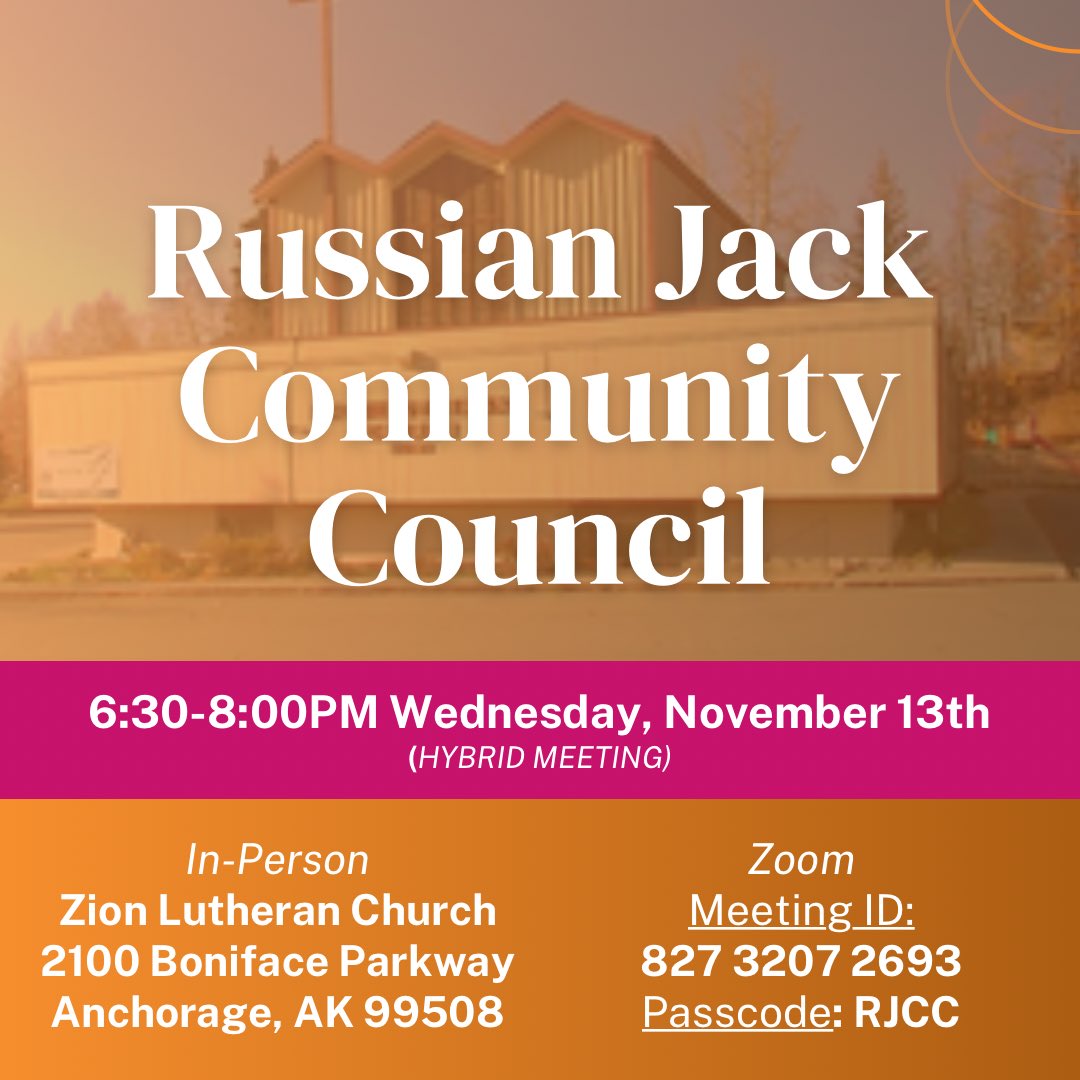 Russian Jack Community Council meets TONIGHT at 6:30PM at the Zion Lutheran Church (2100 Bonifance Parkway)

More info here: communitycouncils.org/RJCC

#akleg