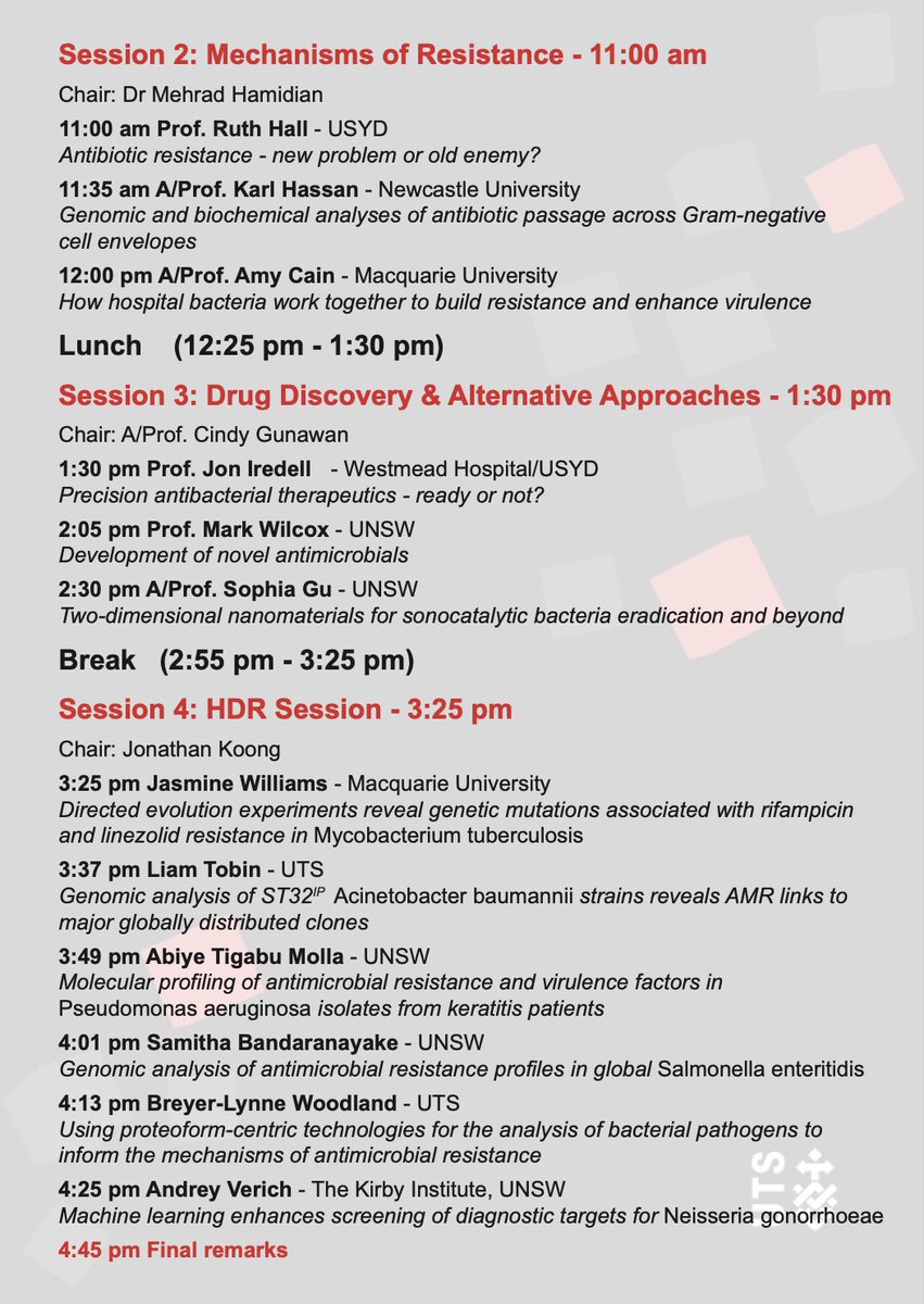 Australian Institute for Microbiology & Infection (@aimi_uts) on Twitter photo The program for the #AIMI x <a href="/ASM_NSWACT/">ASM NSW/ACT Branch</a> Antimicrobial Resistance Symposium is finally here!
Get excited to hear from keynote speakers:
📢 Prof. Ruth Hall
📢 Prof. Ian Paulsen <a href="/PaulsenLab/">Paulsen Lab</a>
📢 Prof. Jon Iredell <a href="/Iredell_Lab/">Iredell Lab</a>
#AMR #microbiology <a href="/UTS_Science/">UTS Science</a> <a href="/UTSEngage/">UTS</a> The program for the #AIMI x <a href="/ASM_NSWACT/">ASM NSW/ACT Branch</a> Antimicrobial Resistance Symposium is finally here!
Get excited to hear from keynote speakers:
📢 Prof. Ruth Hall
📢 Prof. Ian Paulsen <a href="/PaulsenLab/">Paulsen Lab</a>
📢 Prof. Jon Iredell <a href="/Iredell_Lab/">Iredell Lab</a>
#AMR #microbiology <a href="/UTS_Science/">UTS Science</a> <a href="/UTSEngage/">UTS</a>