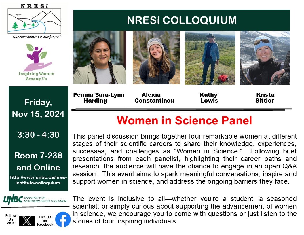 UNBC_NRESi's tweet image. NRESi Friday Colloquium: Women in Science Panel
Co-sponsored by Inspiring Women Among Us (iwau.ca)
Date: Friday, November 15, 2024 – 3:30pm-4:30pm
Location: Room 7-238 and Online
More information is available at: www2.unbc.ca/nres-institute…