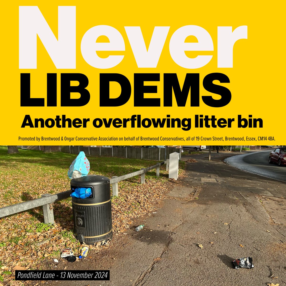 BwdOngarTories's tweet photo. The LibDems / Labour Coalition who run Brentwood just aren’t on top of the issue of emptying litter bins across our Borough. This overflowing bin was located in Pondfield Lane. #NeverLibdems #CleanerSaferBetter #Conservatives https://t.co/yqiCwYVWDR