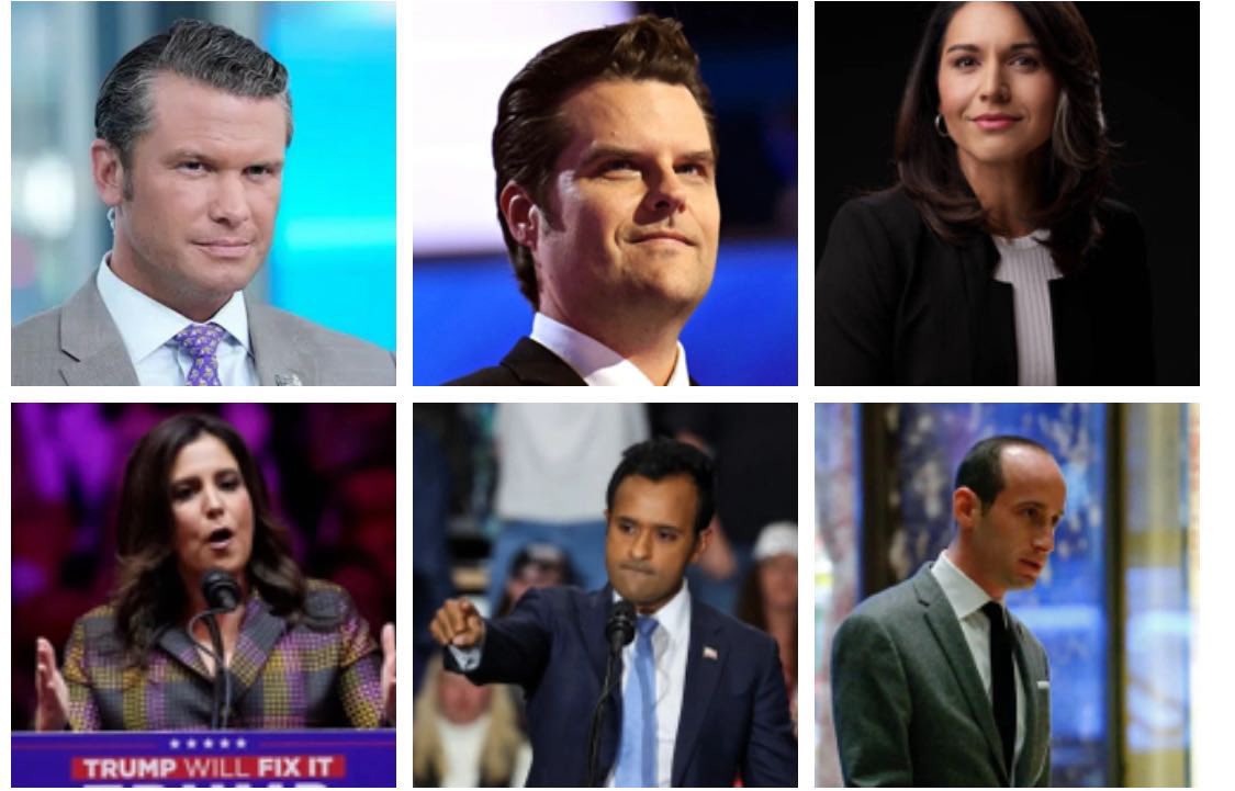 如果你也热爱美国，那么这几天随着川普新内阁一一浮出水面，你应该跟我一样感到无比兴奋和惊叹！

万斯——副总统，八零后。39岁。
海格塞斯——国防部长，八零后，44岁。
马特•盖茨——司法部长，八零后，42岁。
图西•贾巴德——国家情报总监，八零后，43岁。
斯特凡尼克——驻联合国大使，八零后，40岁。