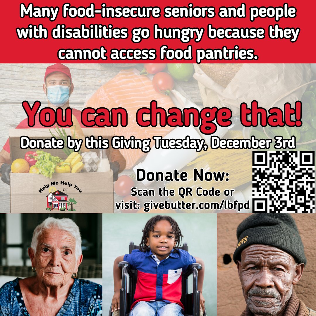 helpmehelpuLB's tweet image. Help feed our most vulnerable seniors and persons with disabilities,  who can&apos;t access food pantries. Your donation will cover the delivery costs for free groceries home-delivered. Ensure no one goes hungry. Donate at givebutter.com/lbfpd or helpmehelpu.org/givingtuesday #givebutter