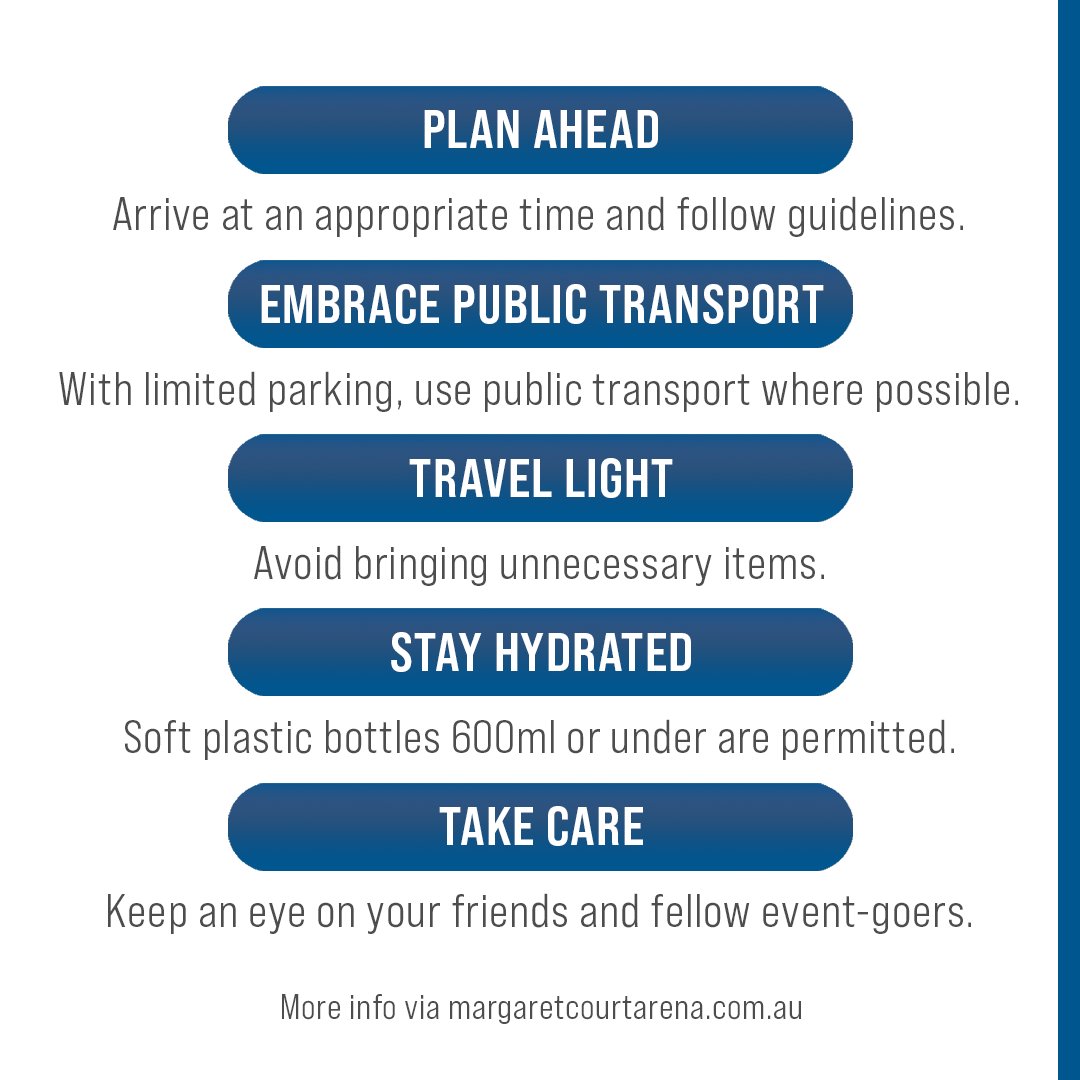 Margaret Court Arena (@mcourtarena) on Twitter photo Heading to Margaret Court Arena for <a href="/tatemcrae/">Tate McRae</a>? Here are a few tips to help you plan your visit. π€
βΉ Info: bit.ly/MCA-TMCRAE24 Heading to Margaret Court Arena for <a href="/tatemcrae/">Tate McRae</a>? Here are a few tips to help you plan your visit. π€
βΉ Info: bit.ly/MCA-TMCRAE24