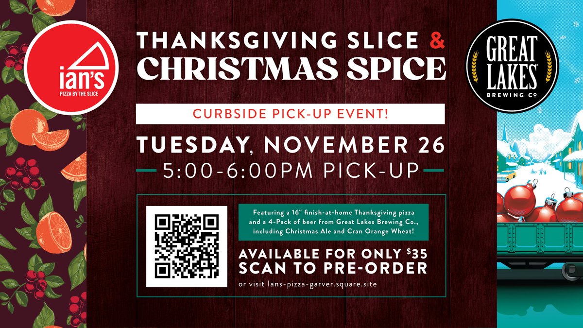 ˜”*°• 🦃 Thanksgiving Slice and Christmas Spice! 🎄•°*”˜ Order today!

 #Thanksgiving #Christmas #ThanksgivingDinner #PizzaLovers #CraftBeer #FoodCollaboration #HolidayEats #CurbsidePickup