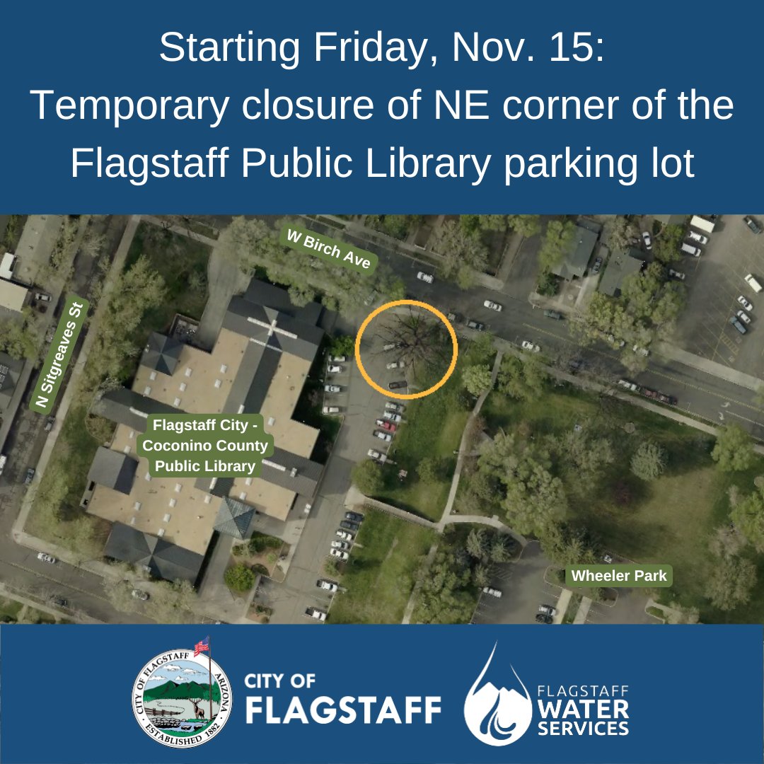 On Nov. 15, crews will be dredging a section of the Rio de Flag south of W Birch Ave. The NE corner of the Flagstaff Public Library parking lot will be closed. 🚛🚧

The routine maintenance project is expected to take a few days. No roads will be affected.