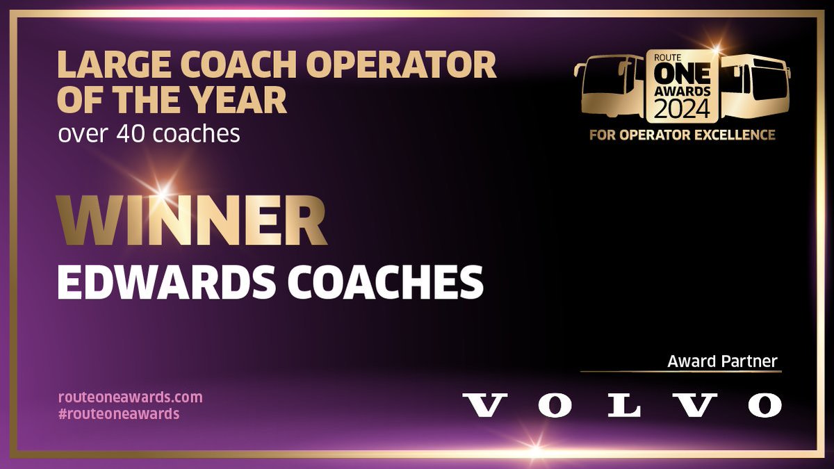 routeoneteam's tweet photo. Congratulations to @Edwardscoaches1! Winner of the Large Coach Operator of the Year (over 40 coaches) Award, partnered by @VolvoBusUK. #routeoneawards https://t.co/sd2VD97JFr
